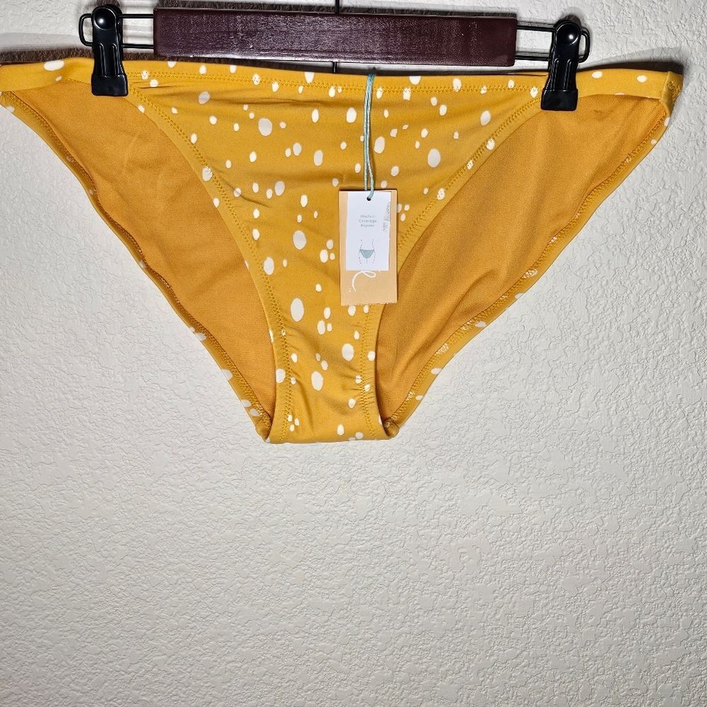 Kona Sol Women's Swim Bottom Large Yellow Polka Dot Hipster Bikini Bottom NWT